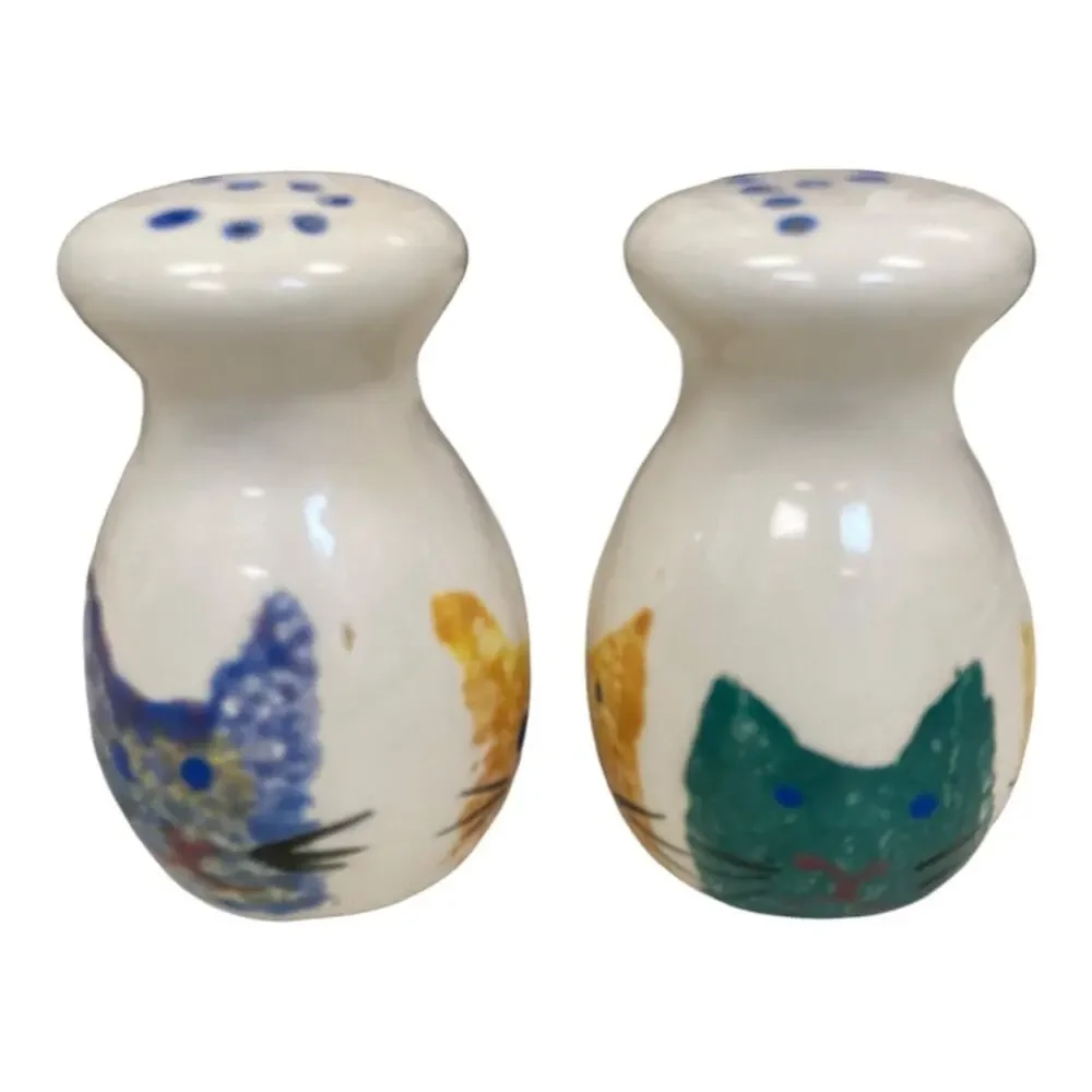 Cat Faces Hand Painted Salt & Pepper Set Mexico‎ 3.5